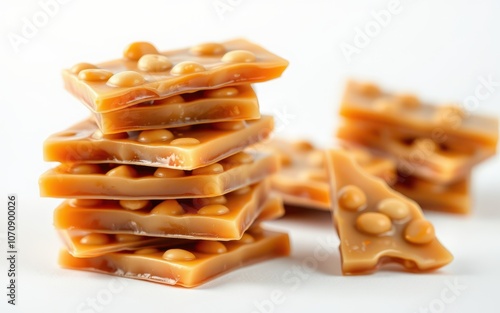 A stack of peanut brittle sits on a white surface, with a few pieces scattered nearby photo