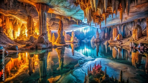 Enigmatic Cave Interior with Intricate Rock Formations Shaped by Eons of Water Erosion in a Hidden Underground World