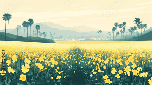 cute and lovely flat illustration of a scenic landscape of mustard fields blooming under a winter sky in rural Bangladesh, with mist softening the horizon and distant palm trees