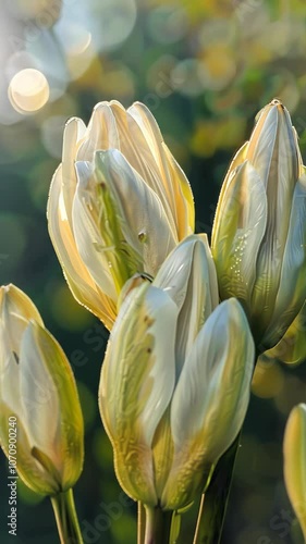 White tulip buds with blurred bokeh background, nature beauty concept