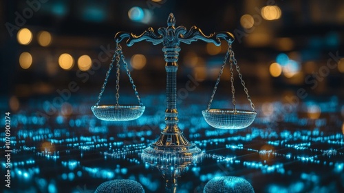 Obraz na płótnie Holographic AI legal consultants showcase futuristic scales of justice at a modern event w salonie