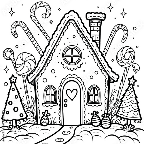 Gingerbread House Coloring Page Christmas Scene for Kids