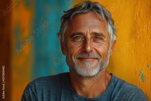 Smiling Mature Man Against Colorful Urban Wall in Outdoor Setting photo