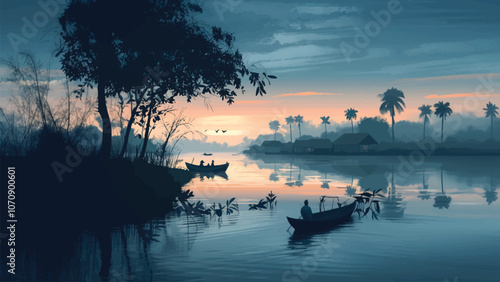 cute and lovely flat illustration of a quiet dawn on the banks of the River in winter, with light fog over calm waters and silhouettes of small boats and villagers going about their day