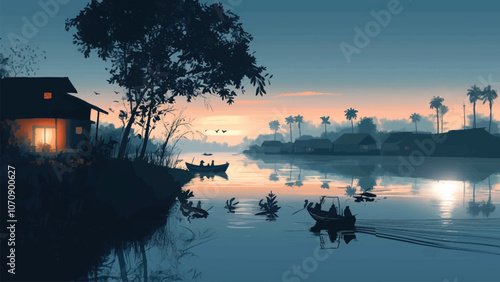 cute and lovely flat illustration of a quiet dawn on the banks of the River in winter, with light fog over calm waters and silhouettes of small boats and villagers going about their day