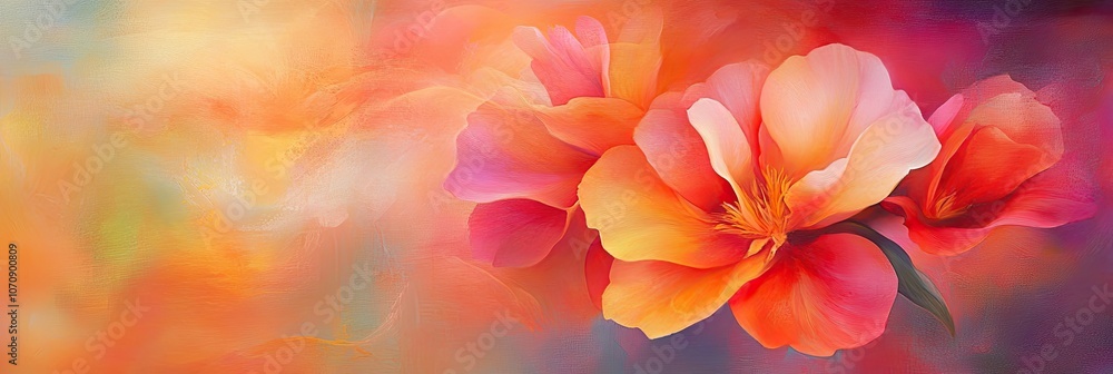 Fototapeta premium Art freesia with delicate pink and orange petals, blending into an abstract sunset background