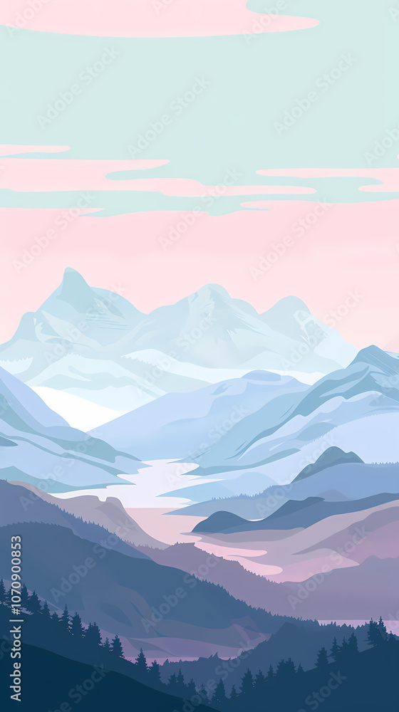 A serene landscape featuring layered mountains in soft pastel colors, with a gentle river winding through the valley at sunrise. A serene landscape featuring layered mountains in soft pastel colors, with a gentle river winding through the valley at sunrise.