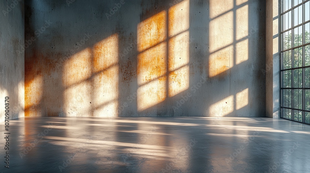 A spacious, industrial room with sunlight casting shadows through large windows. A spacious, industrial room with sunlight casting shadows through large windows.