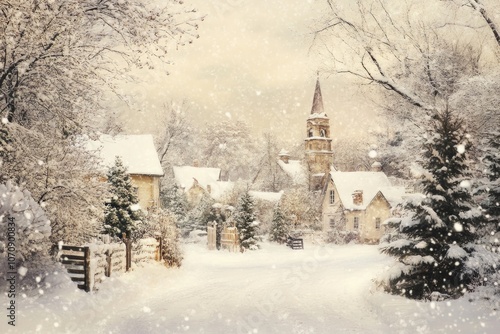 A church building covered in snow, peaceful winter scene