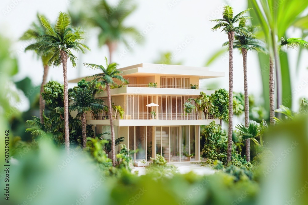 Fototapeta premium A picturesque home with lush greenery and tropical plants