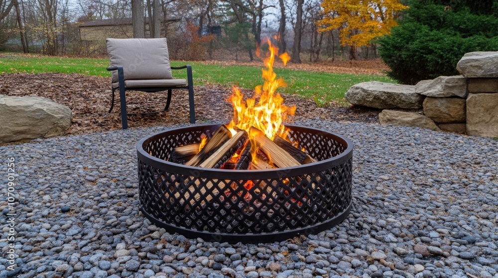 A cozy outdoor setting with a fire pit and a chair A cozy outdoor setting with a fire pit and a chair