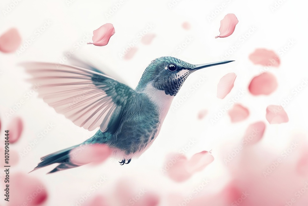 Naklejka premium Hummingbird in flight with pink petals.
