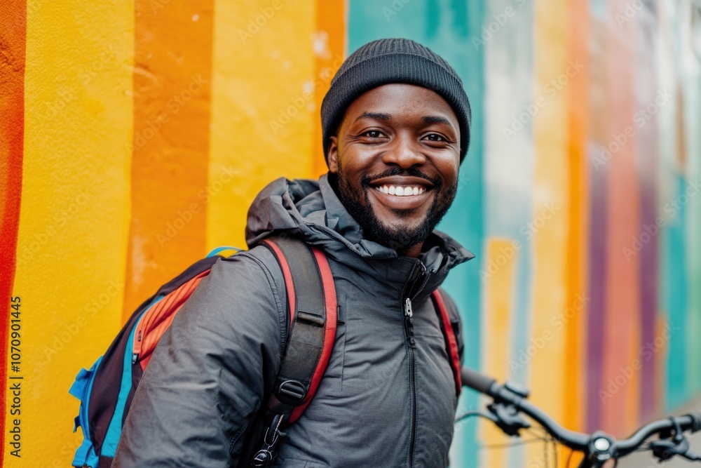 Obraz premium A person carrying a backpack stands in front of a vibrant wall, great for travel or adventure scenes