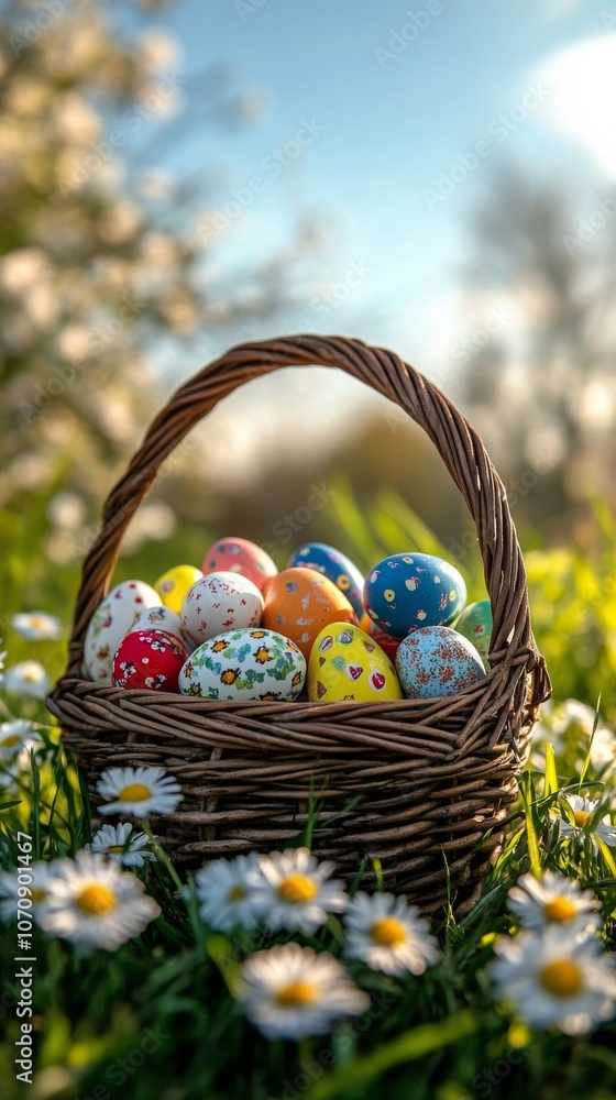 Colorful Easter eggs arranged in a wicker basket on a sunny day in a flower filled meadow Colorful Easter eggs arranged in a wicker basket on a sunny day in a flower filled meadow