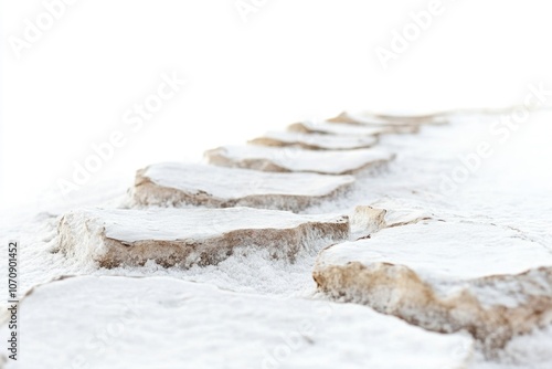 Riverbank scene with stepping stones covered in snow, perfect for winter or nature themed projects photo