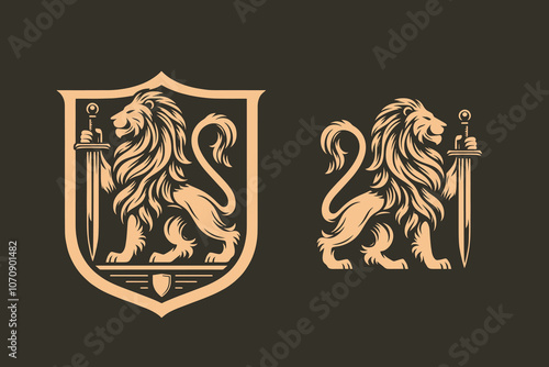 Majestic lion with a sword. Heraldry vector illustration. Logo, emblem, coat of arms, sign