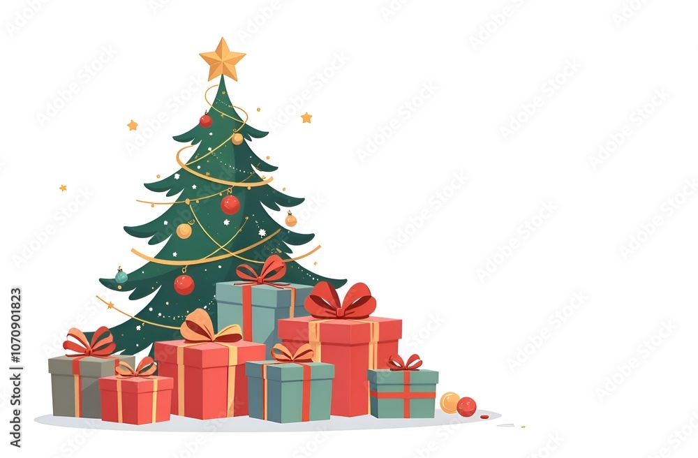 Decorated Christmas tree with gifts, on a white background. Decorated Christmas tree with gifts, on a white background.