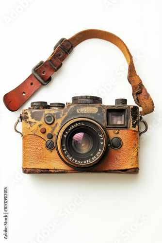 Vintage leather-bound camera with strap. photo