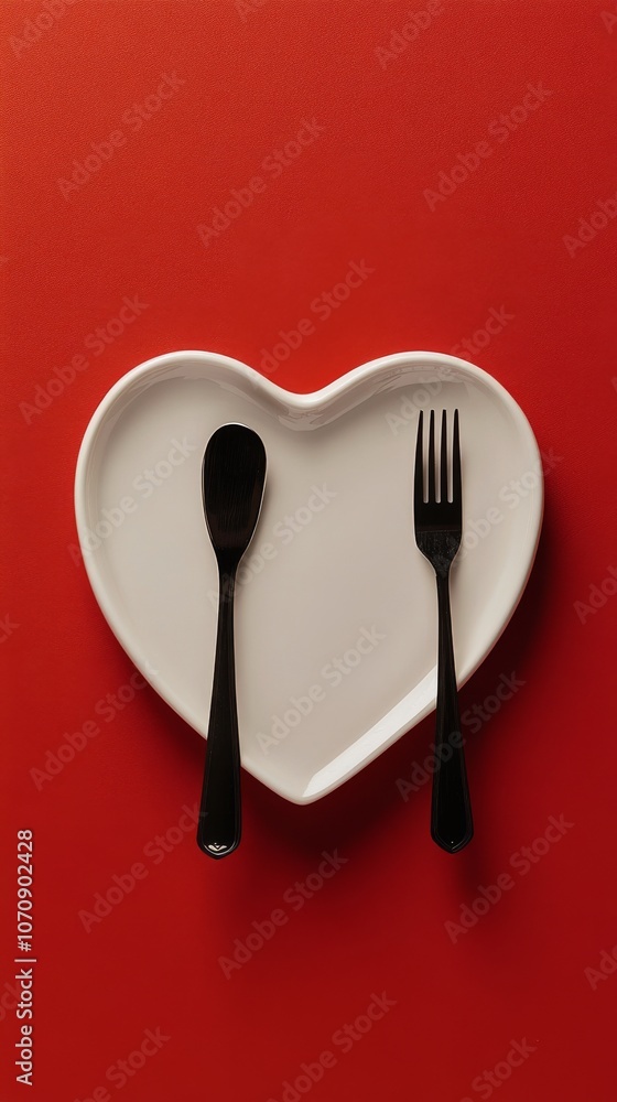 A heart shaped white plate with black cutlery set on a vibrant red background A heart shaped white plate with black cutlery set on a vibrant red background