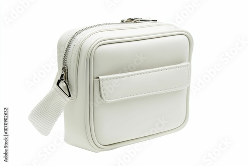 White leather crossbody bag with zipper. photo