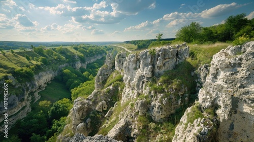 A scenic view of a valley with a winding road, suitable for travel or outdoor adventure concepts