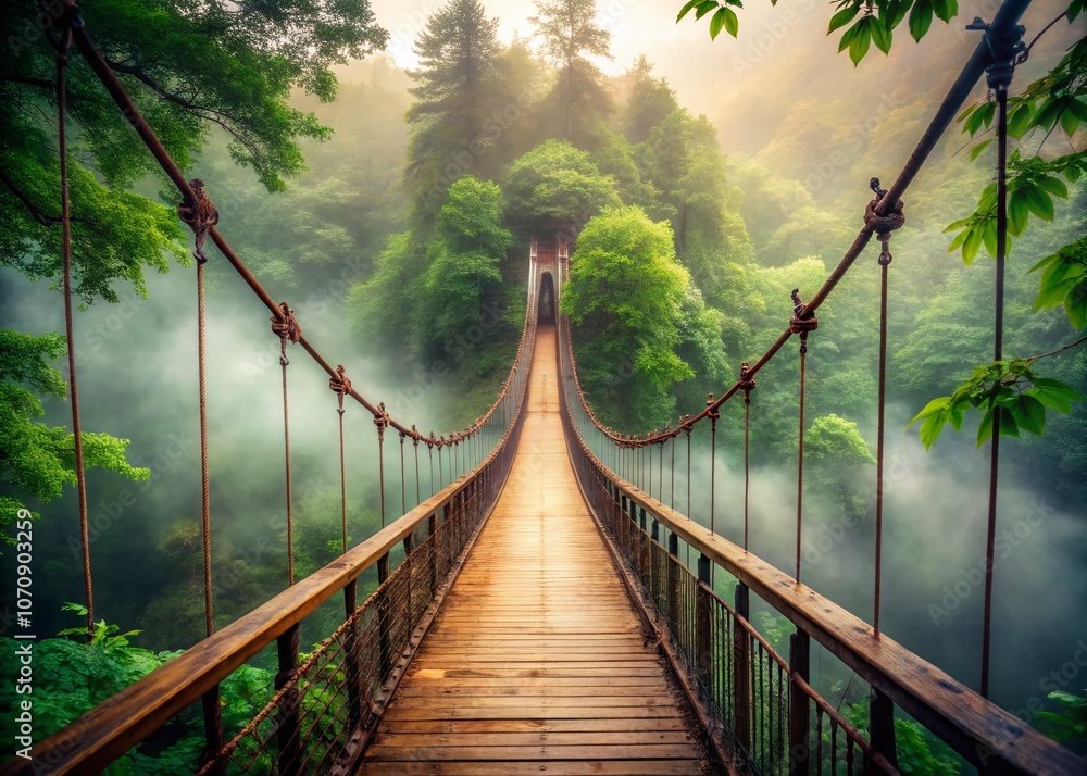 Obraz premium Enigmatic Rusty Chain Bridge in a Misty Forest Surrounded by Lush Greenery, Capturing the Beauty of Nature with Long Exposure Photography Effects for Serene Atmosphere