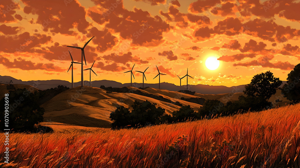 Obraz premium A picturesque sunset over a field of tall grass with wind turbines in the background.