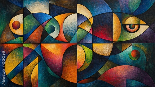 Abstract geometric painting with vibrant colors and shapes.