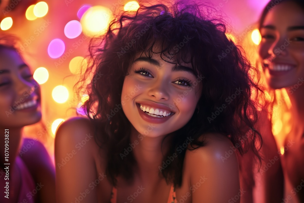 A woman with a bright smile surrounded by friends at a party, illuminated by soft lights, creating an atmosphere of joy and fun A woman with a bright smile surrounded by friends at a party, illuminated by soft lights, creating an atmosphere of joy and fun