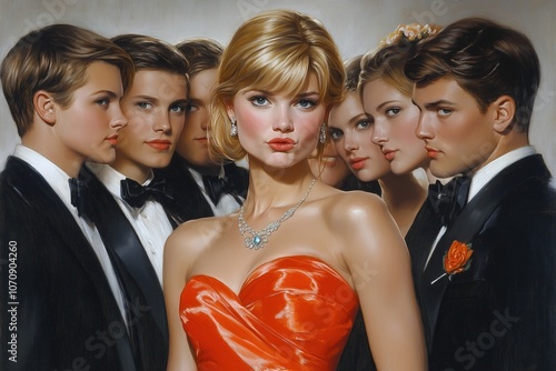 A woman in a red dress with jewelry stands at the center of a group of young people in evening attire, creating an atmosphere of luxury and elegance photo