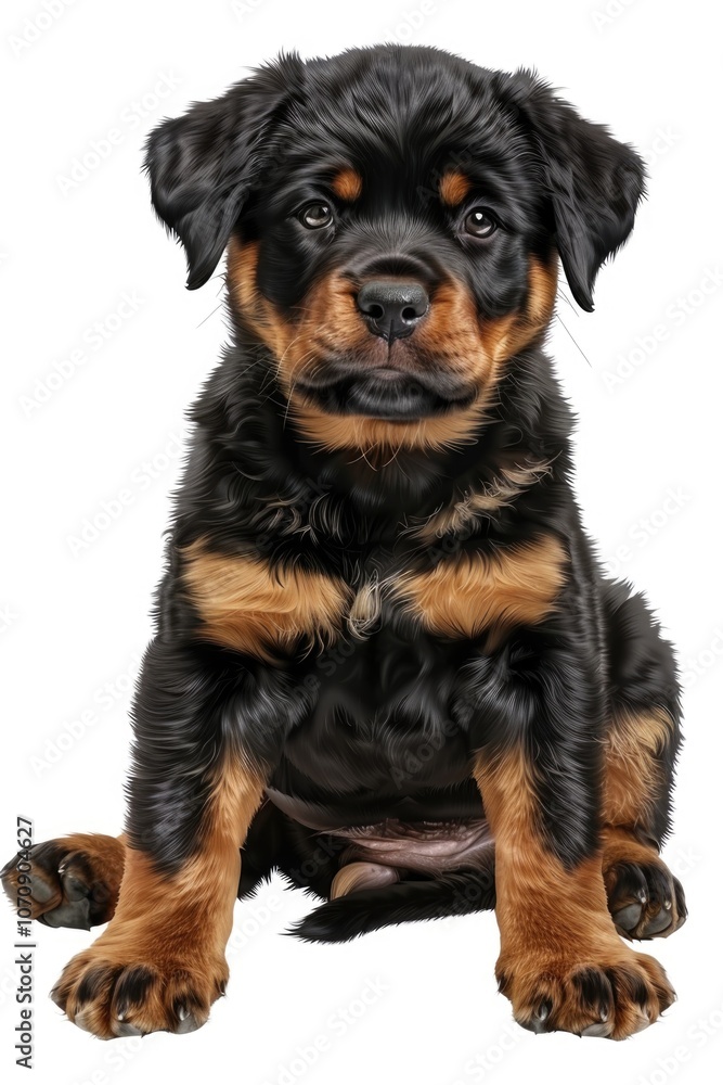 A black and brown puppy sits on a white surface, looking up A black and brown puppy sits on a white surface, looking up