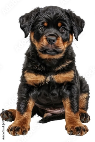 A black and brown puppy sits on a white surface, looking up