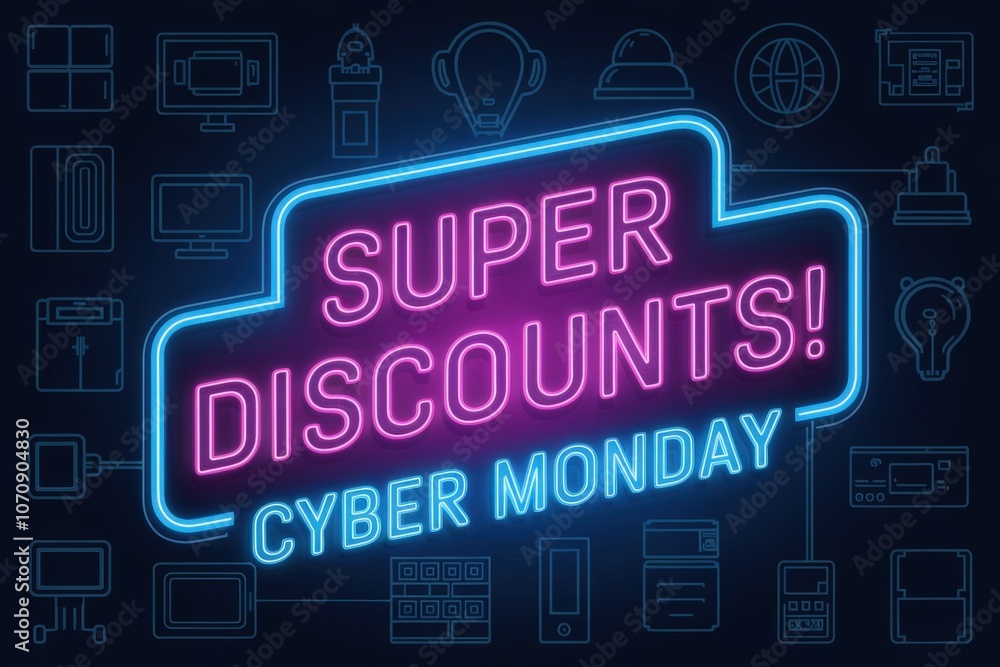 Neon Cyber Monday Super Discounts Sign with Technology Icons Neon Cyber Monday Super Discounts Sign with Technology Icons