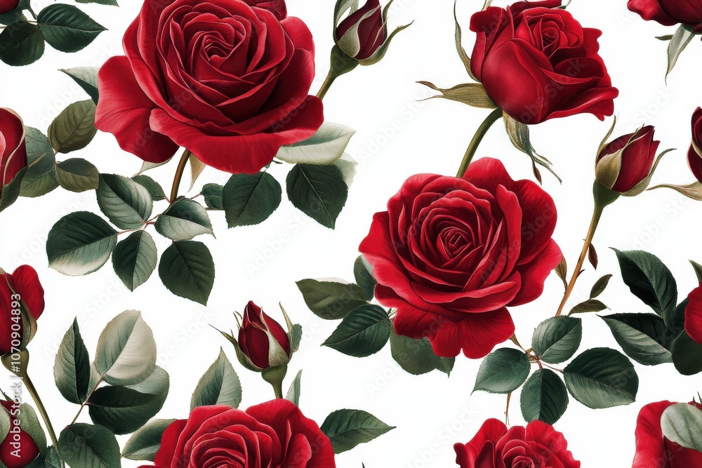 Watercolor Illustration of Red Roses and Buds on a White Background Watercolor Illustration of Red Roses and Buds on a White Background