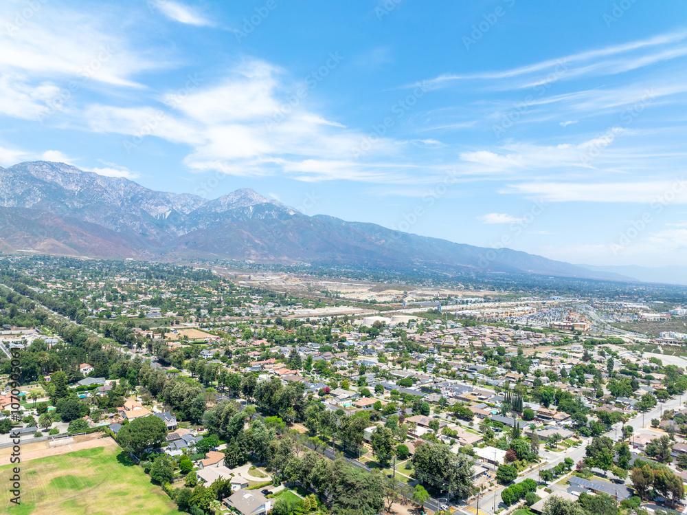 Aerial view of Upland city in San Bernardino County, California, on the border with neighboring Los Angeles County.