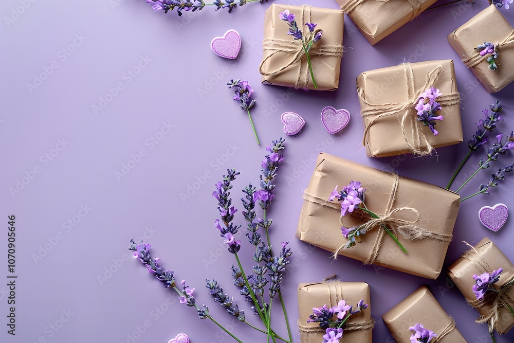 Lavender flowers and gift boxes on a purple background. Romantic and elegant gift arrangement for celebrations Lavender flowers and gift boxes on a purple background. Romantic and elegant gift arrangement for celebrations