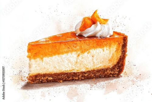 A slice of creamy cheesecake topped with fluffy whipped cream, perfect for desserts or special occasions photo