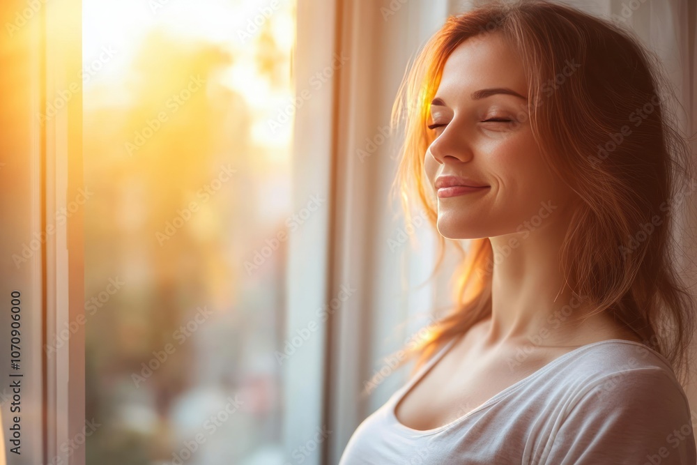 Serene Woman Relaxing by Window at Sunset Serene Woman Relaxing by Window at Sunset