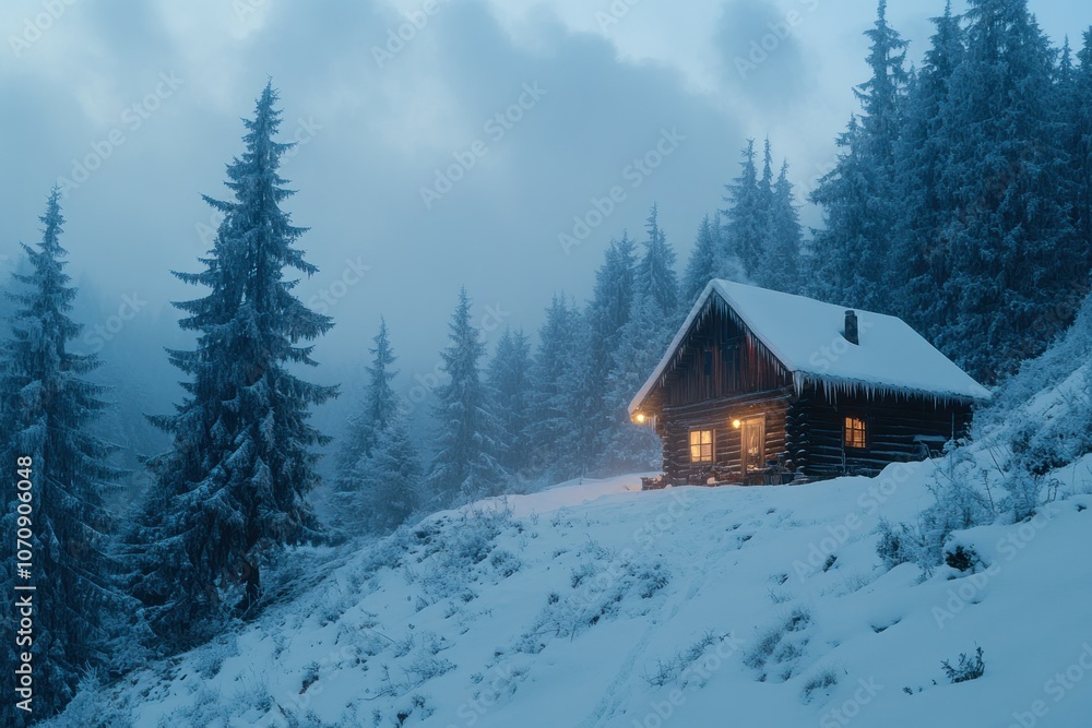 Cozy Cabin in Snowy Winter Landscape at Dusk Cozy Cabin in Snowy Winter Landscape at Dusk
