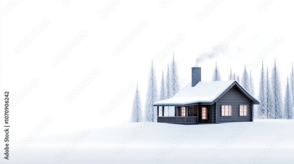 Cozy Snow-Covered Cabin in Winter Landscape with Tall Pine Trees and Soft Light Cozy Snow-Covered Cabin in Winter Landscape with Tall Pine Trees and Soft Light