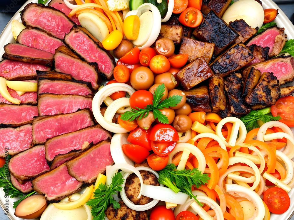 Fototapeta premium beautiful meat and vegetable platter on a large platter