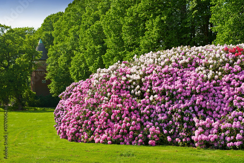 Flower, bush and garden landscape in spring with trees, field and grass with floral bed on lawn. Blossom, nature and outdoor with forest, sun and pink flora with plants, blue sky and environment