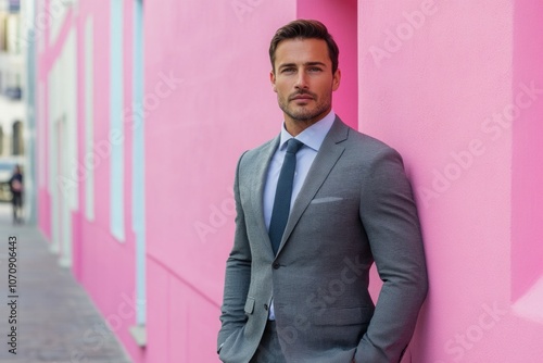 A businessman standing against a bright pink background, looking focused