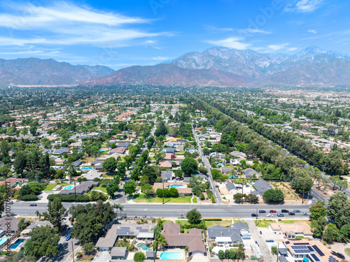 Aerial view of Upland city in San Bernardino County, California, on the border with neighboring Los Angeles County.  photo