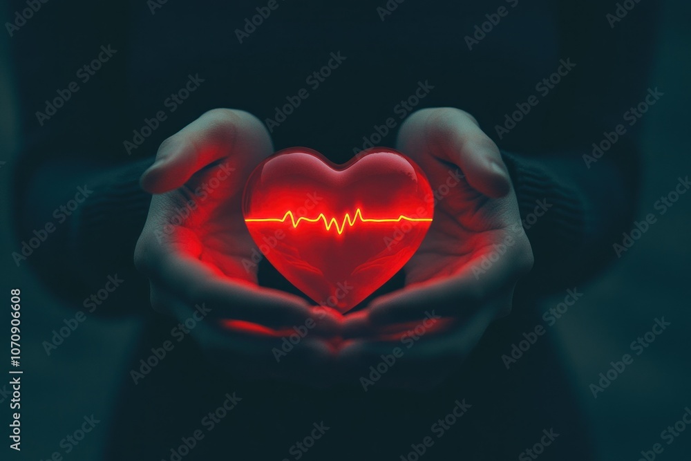 Heartbeat Symbol in Hands with Red Heart Glow Heartbeat Symbol in Hands with Red Heart Glow