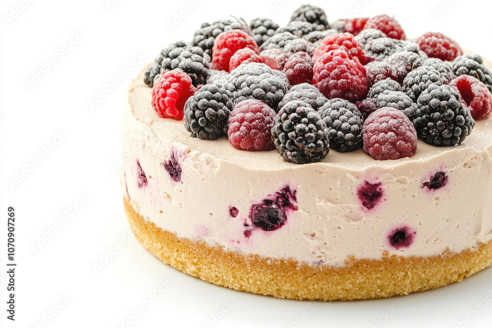 Delicious berry cheesecake topped with fresh raspberries and blackberries on a white background. Generative AI Delicious berry cheesecake topped with fresh raspberries and blackberries on a white background. Generative AI