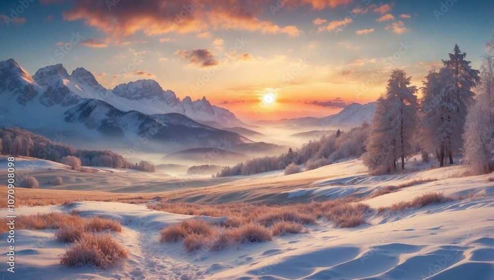 Serene Winter Scene at Sunset, Snow Blanketing the Quiet Landscape Serene Winter Scene at Sunset, Snow Blanketing the Quiet Landscape