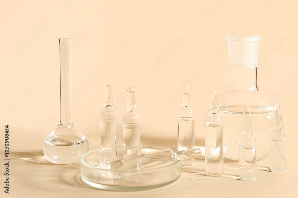 Medical ampules with laboratory glassware and petri dish on beige background Medical ampules with laboratory glassware and petri dish on beige background