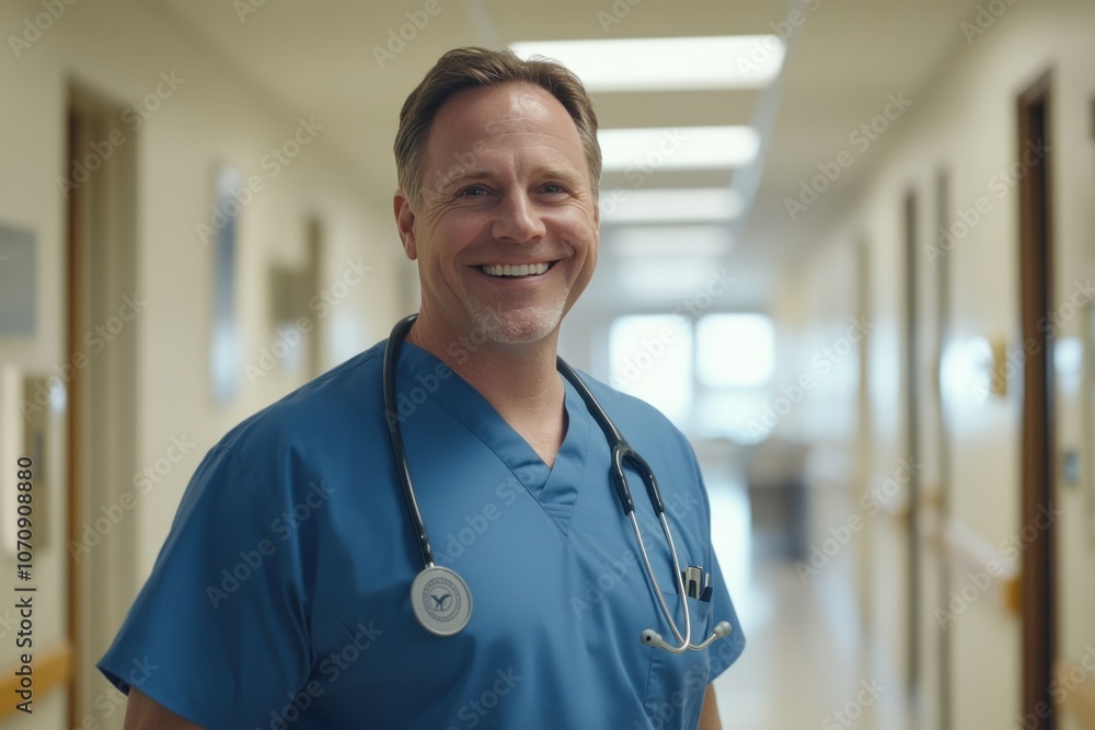 Friendly doctor smiling in hospital hallway Friendly doctor smiling in hospital hallway