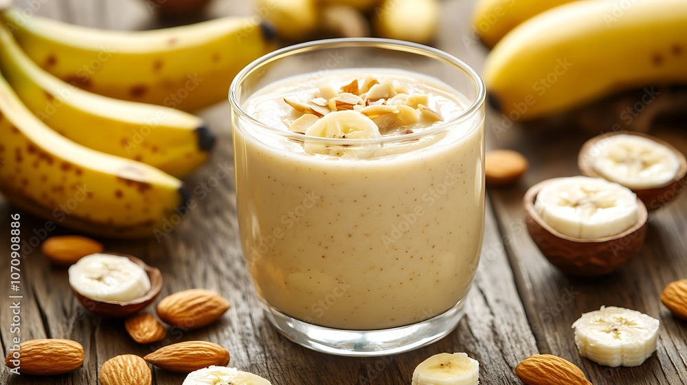 A creamy banana and almond smoothie in a clear glass, surrounded by bananas and almonds A creamy banana and almond smoothie in a clear glass, surrounded by bananas and almonds
